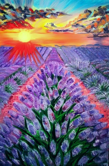 Painting titled ""Lavender field at…" by Vera Iurchenko, Original Artwork, Oil Mounted on Wood Stretcher frame