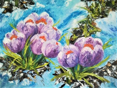 "Crocuses" Painting titled ""Crocuses"" by Вера Юрченко, Original Art, Oil Mounted on Stretcher frame