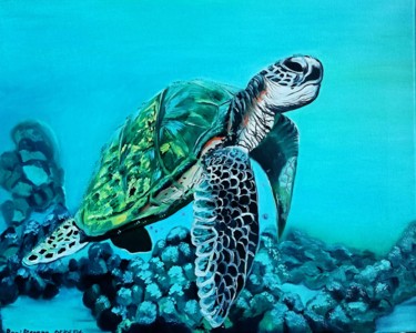 Peinture intitulée ""Sea Turtle"" par Vera Iurchenko, Œuvre d'art originale, Huile Monté sur Autre panneau rigide