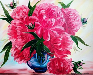 Painting titled ""Peonies"" by Vera Iurchenko, Original Artwork, Oil Mounted on Wood Panel