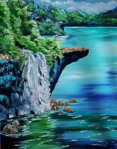 Painting titled ""Waterfall"" by Vera Iurchenko, Original Artwork, Oil Mounted on Wood Panel