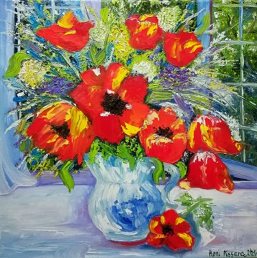 Painting titled ""Poppies on the win…" by Vera Iurchenko, Original Artwork, Oil Mounted on Wood Stretcher frame