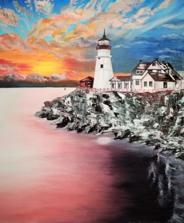 Painting titled ""Lighthouse. Winter"" by Vera Iurchenko, Original Artwork, Oil Mounted on Wood Panel