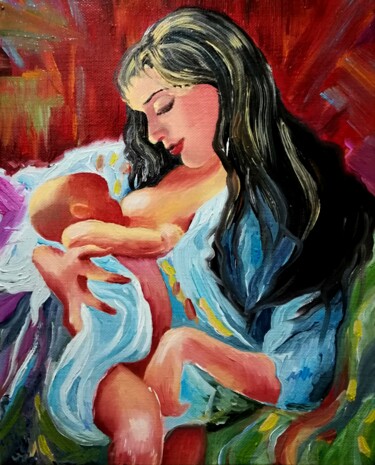 Peinture intitulée ""Mère et enfant"" par Vera Iurchenko, Œuvre d'art originale, Huile Monté sur Autre panneau rigide