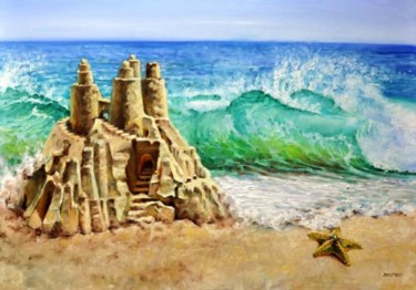 Schilderij getiteld "Sand casle tsunami" door Vera Lp Cauwenberghs, Origineel Kunstwerk, Olie