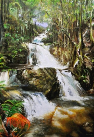 Painting titled "Hawai'i waterfall" by Vera Lp Cauwenberghs, Original Artwork, Oil