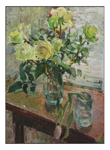 Painting titled "Tea roses & a tulip" by Vera Lagutenkova, Original Artwork