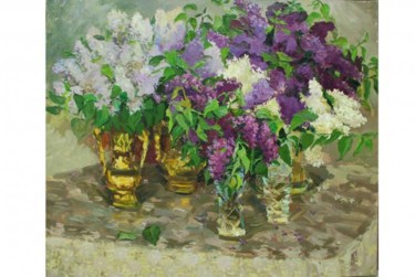 Painting titled "Lilacs on the table" by Vera Lagutenkova, Original Artwork