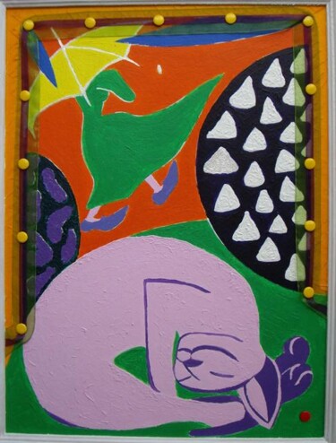 Pittura intitolato "Cat, curtain, lilac…" da Veranika Bo, Opera d'arte originale