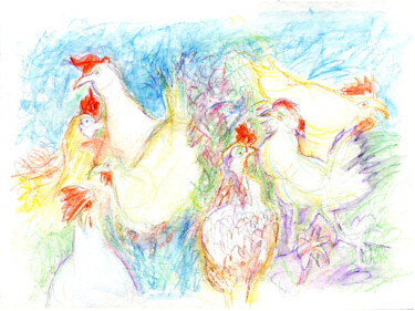 Malerei mit dem Titel "Hühnerhof / chicken…" von Verena Bolliger, Original-Kunstwerk, Conté-Buntstifte