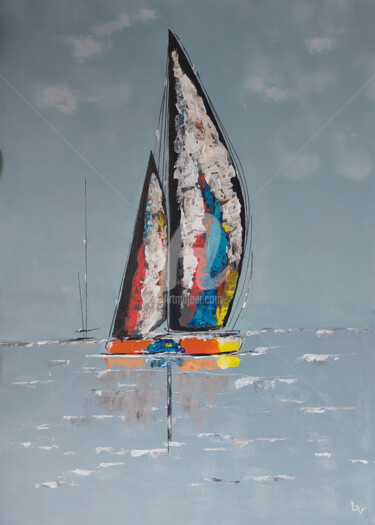 Картина под названием "Tableau bateaux mod…" - Laurence Vernet, Подлинное произведение искусства, Акрил Установлен на Деревя…