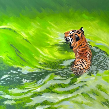 Painting titled "Tigre - Victor" by Véro Blaise, Original Artwork, Oil Mounted on Wood Stretcher frame