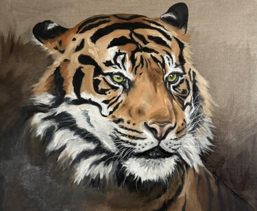 Painting titled "Tigre - Jules" by Véro Blaise, Original Artwork, Oil Mounted on Wood Stretcher frame