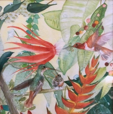 Peinture intitulée "Famille de colibris" par Victoria, Œuvre d'art originale, Aquarelle