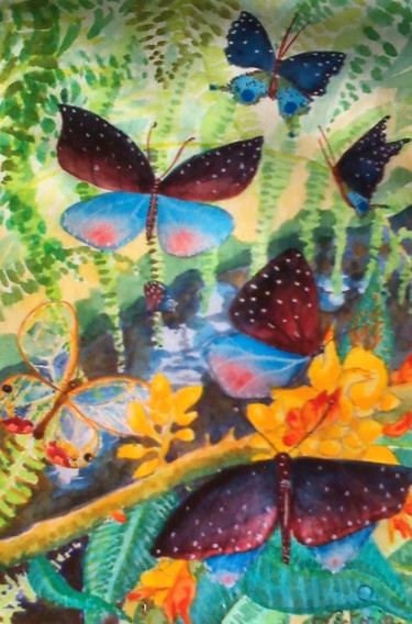 Painting titled "Papillons imaginair…" by Victoria, Original Artwork, Watercolor
