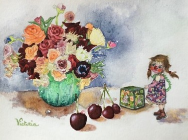 Ζωγραφική με τίτλο "Bouquet et cube en…" από Victoria, Αυθεντικά έργα τέχνης, Ακουαρέλα