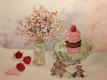 Schilderij getiteld "Souris et cupcake" door Victoria, Origineel Kunstwerk, Aquarel