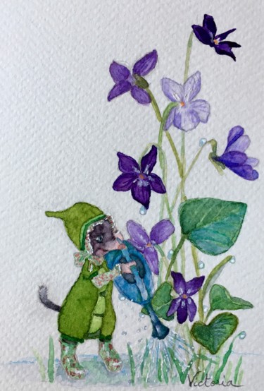 图画 标题为“Violette en petit p…” 由Victoria, 原创艺术品, 水彩