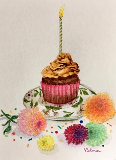 Painting titled "Anniversaire" by Victoria, Original Artwork, Watercolor