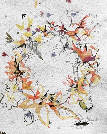 Dessin intitulée "Pluie et fleurs" par Vérogoude, Œuvre d'art originale, Aquarelle