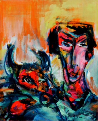 Painting titled "Le toro rouge" by Véronic Martignac, Original Artwork, Oil