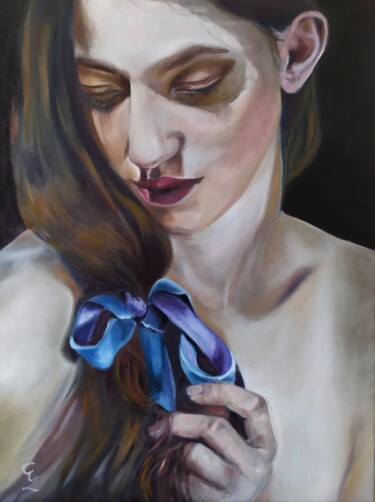 Painting titled "Nastro blu" by Veronica Ciccarese, Original Artwork, Oil