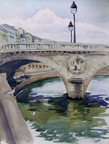 Peinture intitulée "Le pont Saint-Michel" par Veronica Toumanova, Œuvre d'art originale, Aquarelle