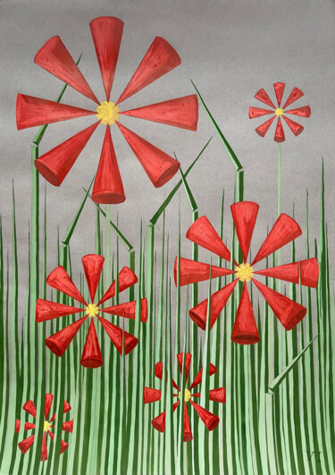 Картина под названием "Red Flowers" - Veronika Izmailova, Подлинное произведение искусства, Гуашь
