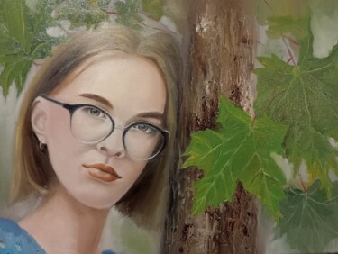 Painting titled "Девушка в тумане" by Veronika Pozdova, Original Artwork, Oil Mounted on Wood Stretcher frame