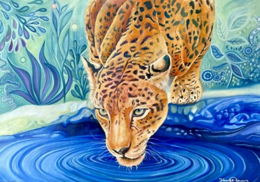 Painting titled "Leopard by the Wate…" by Veronika Primas, Original Artwork, Oil