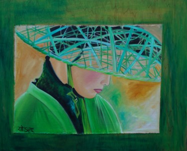 Peinture intitulée ""Chinoise verte"" par Soham, Œuvre d'art originale, Huile