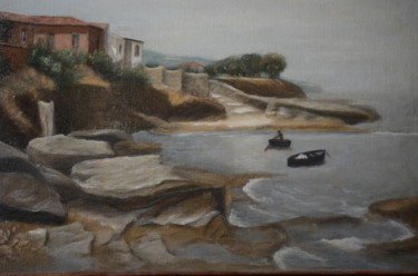 Painting titled "Crique rocheuse Ita…" by Véronique Bonamy, Original Artwork, Oil
