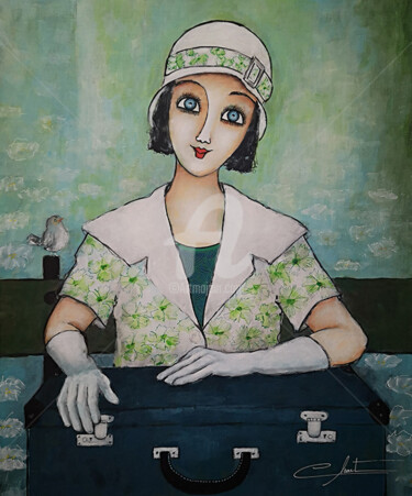 Painting titled "Miss Clémentine" by Véronique Clanet, Original Artwork, Acrylic Mounted on Wood Stretcher frame