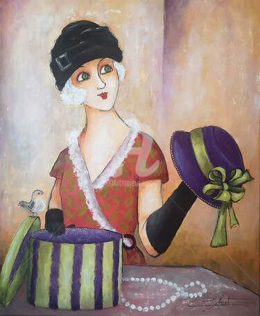 Painting titled "Miss Joséphine" by Véronique Clanet, Original Artwork, Acrylic Mounted on Wood Stretcher frame