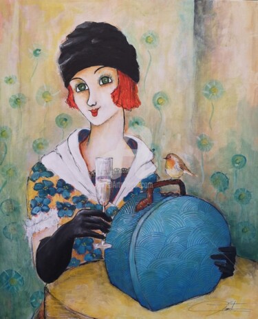 Painting titled "Miss Pénéloppe" by Véronique Clanet, Original Artwork, Acrylic Mounted on Wood Stretcher frame