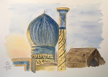 Painting titled "Sunrise on Gur Emir" by Véronique Crombé, Original Artwork, Watercolor