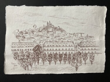 Dessin intitulée "Vue sur Montmartre…" par Véronique Crombé, Œuvre d'art originale, Encre
