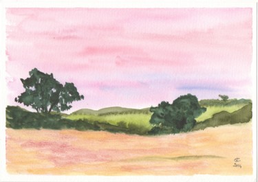 Painting titled "Sunset on the hills…" by Véronique Crombé, Original Artwork, Watercolor