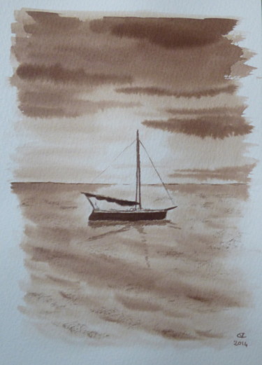 Pittura intitolato "Lone boat on a Devo…" da Véronique Crombé, Opera d'arte originale, Inchiostro
