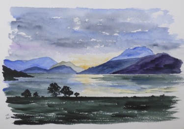 Painting titled "Sunset on Loch Linn…" by Véronique Crombé, Original Artwork, Watercolor