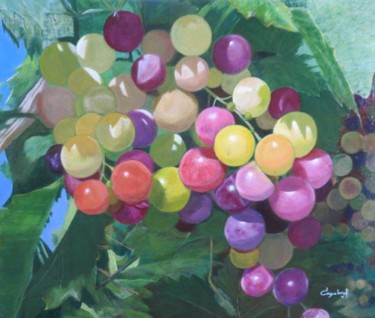 Painting titled "Fruits en couleur" by Véronique Degabriel, Original Artwork, Oil Mounted on Wood Stretcher frame