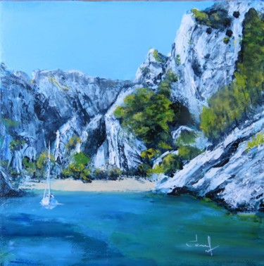 Painting titled "calanques-d'en-vau-…" by Véronique Degabriel, Original Artwork, Oil Mounted on Wood Stretcher frame