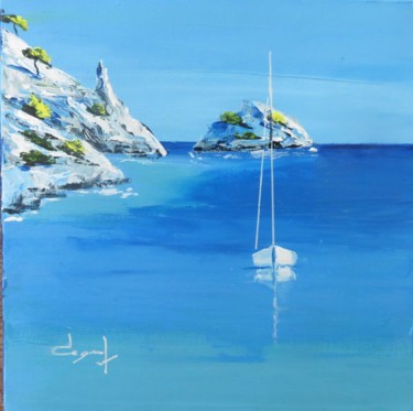 Painting titled "Bateau dans la Cala…" by Véronique Degabriel, Original Artwork, Oil Mounted on Wood Stretcher frame