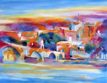 Painting titled "Avignon. Le pont St…" by Véronique Degabriel, Original Artwork, Oil Mounted on Wood Stretcher frame