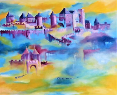 Brume colorée sur Carcassonne Peinture intitulée "Brume colorée sur C…" par Véronique Degabriel, Œuvre d'art originale, Huile Monté sur Châssis