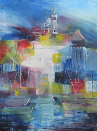 Painting titled "Marseille, Notre Da…" by Véronique Degabriel, Original Artwork, Oil Mounted on Wood Stretcher frame