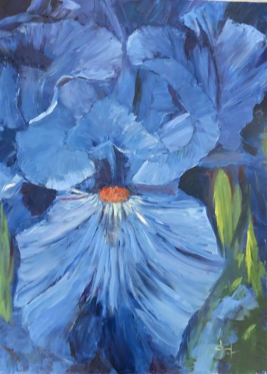 Painting titled "Iris bleu #flowers…" by Véronique Degabriel, Original Artwork, Oil Mounted on Wood Stretcher frame