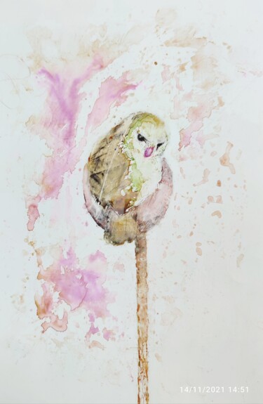 Pintura intitulada "Piou l'oiseau" por Véronique Emmanuelle Bernard, Obras de arte originais, Aquarela