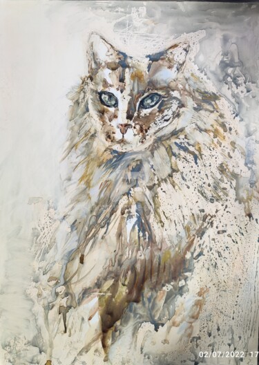 Painting titled "Le chat" by Véronique Emmanuelle Bernard, Original Artwork, Watercolor