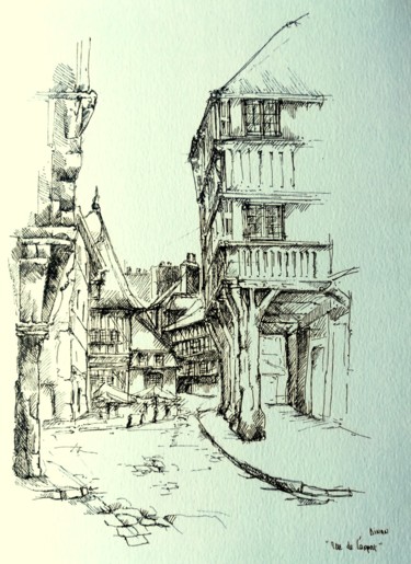 Рисунок под названием "Dinan, rue de l'app…" - Veronique Gaudin, Подлинное произведение искусства, Чернила